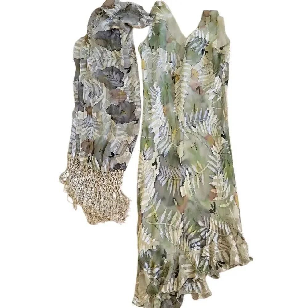 She Fashions Womens Floral Midi Dress Matching Fringed Shawl Mint Green Medium
